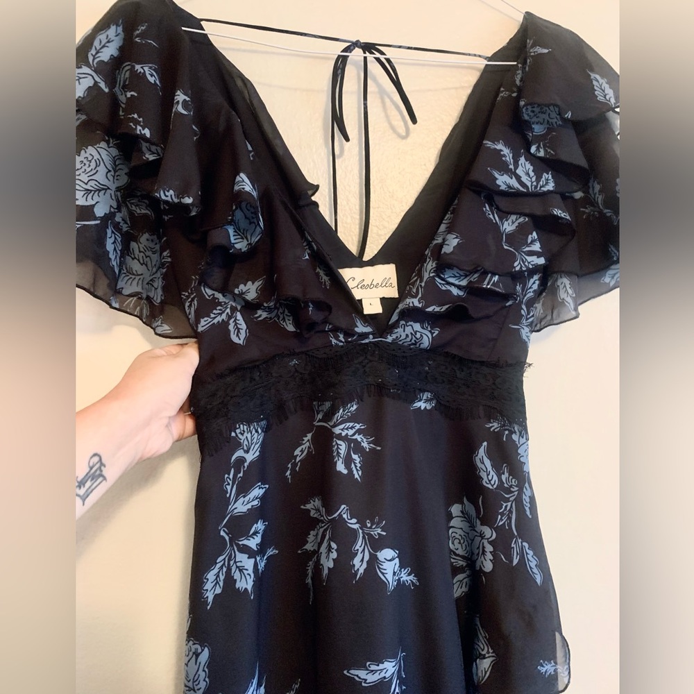 Cleobella black & blue floral flutter dress with tie back
